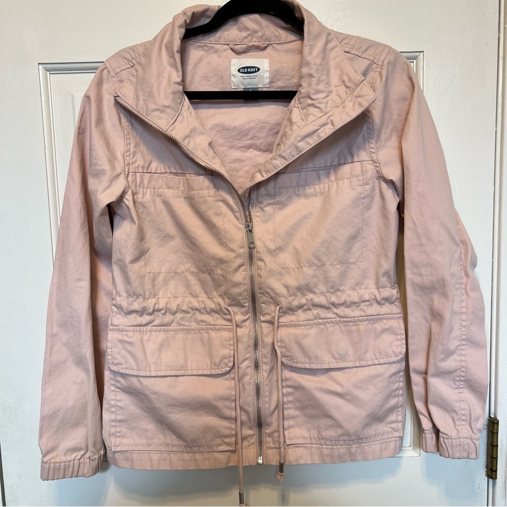 Old Navy Women's Heavy Twill Jacket S Pink 100% Cotton Drawstring Waist Full Zip